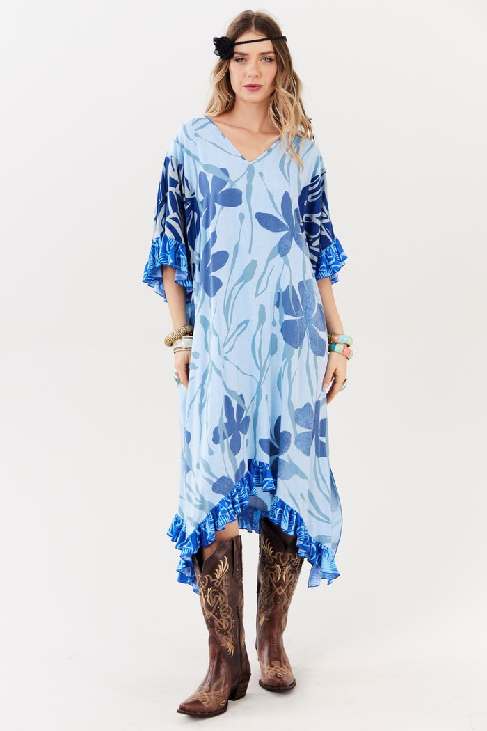 Kaftan Midi Decote Em V Azul Claro Patchwork Yacamim J8