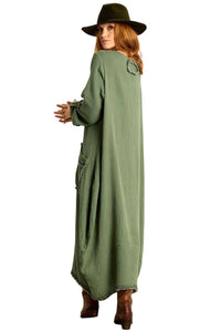 Vestido Longo Com Mangas Longas Verde Militar Yacamim