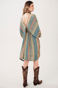 Vestido Curto Decote Em V Verde Listrado Estampado Yacamim C7