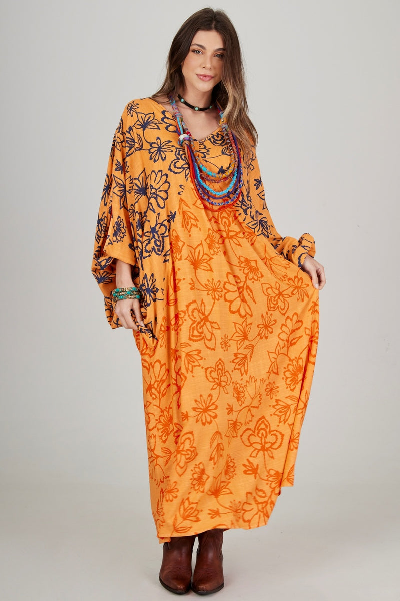 Vestido Longo Laranja Flor De Lótus Patchwork Yacamim C24