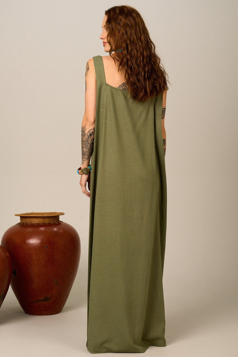 Vestido Longo De Alças Largas Com Fendas Verde Yacamim D10