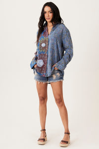 Camisa Tiradentes Com Bordados Azul Escuro Estampado Yacamim A22