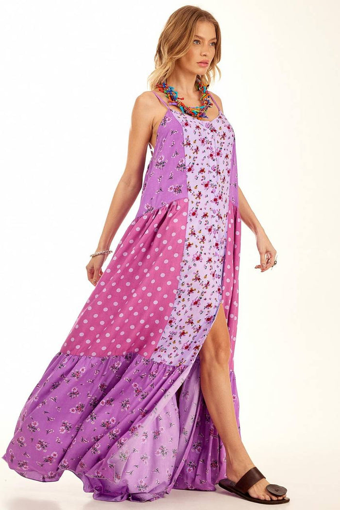 Vestido Longo De Alças Reguláveis Roxo Patchwork Yacamim