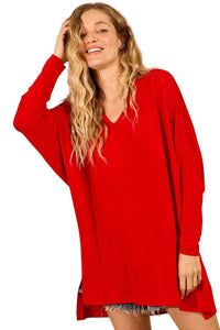 Blusa Ampla Básica Alongada Com Decote Em V Vermelho Yacamim B5