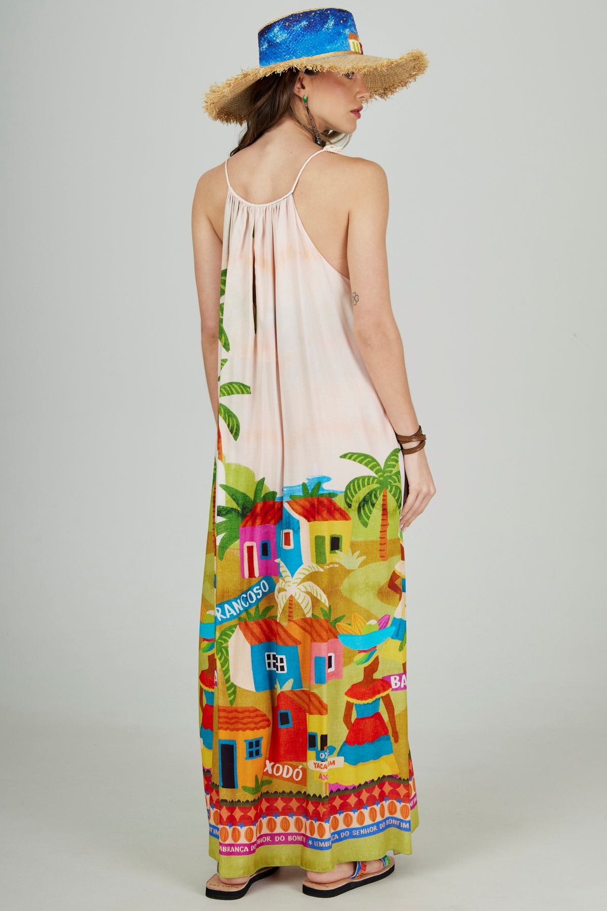 Vestido Longo De Alça De Cordão Oxê Coleção Bahêa Yacamim Q1