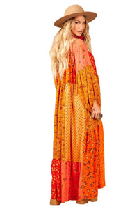Vestido Longo Com Mangas Longas Bufantes Patchwork Yacamim D10