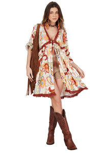 Vestido Curto Aberto Com Franjas Bege Cashmere Yacamim E5