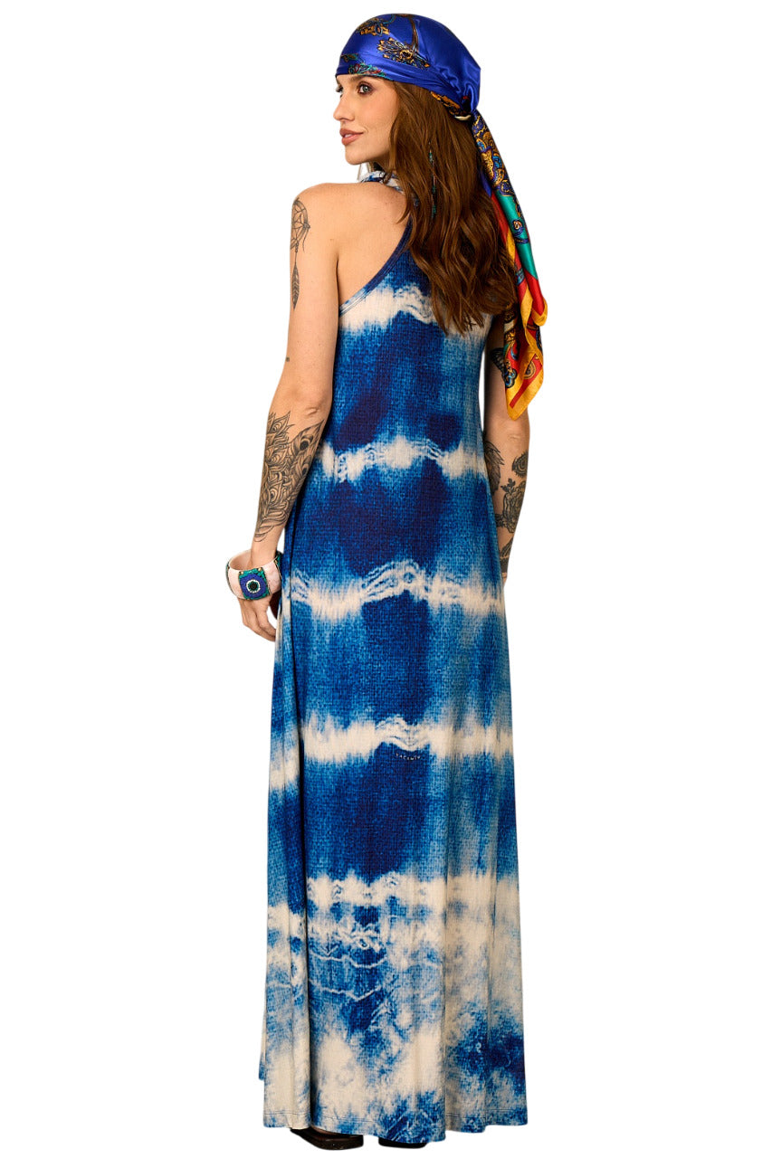 Vestido Longo Nadador Azul Tie Dye Estampa Digital Yacamim D7