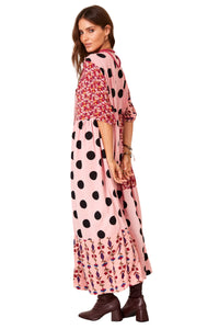 Vestido Midi Estampa De Poá Patchwork Rosa Claro Yacamim E26