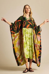 Kaftan Amplo Com Decote Em V Verde Patchwork Yacamim K5