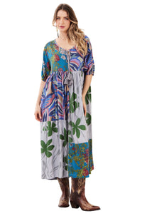 Vestido Midi Cinza Claro E Azul Patchwork Yacamim C4