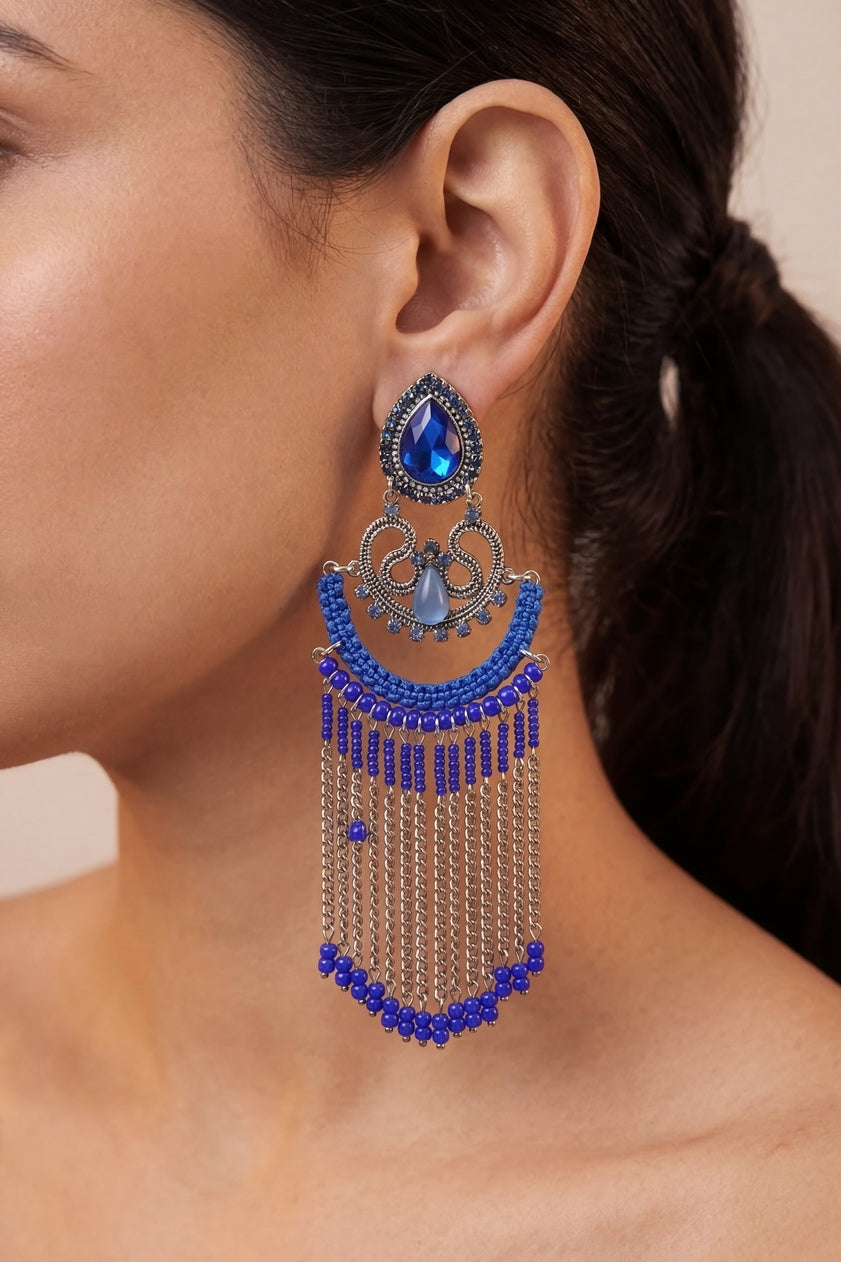 Brinco Artesanal De Miçangas Azuis Yacamim #943