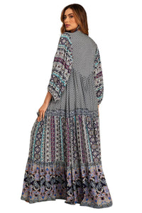 Vestido Chemise Longo Com Mangas Longas Bufantes Azul Patchwork Yacamim