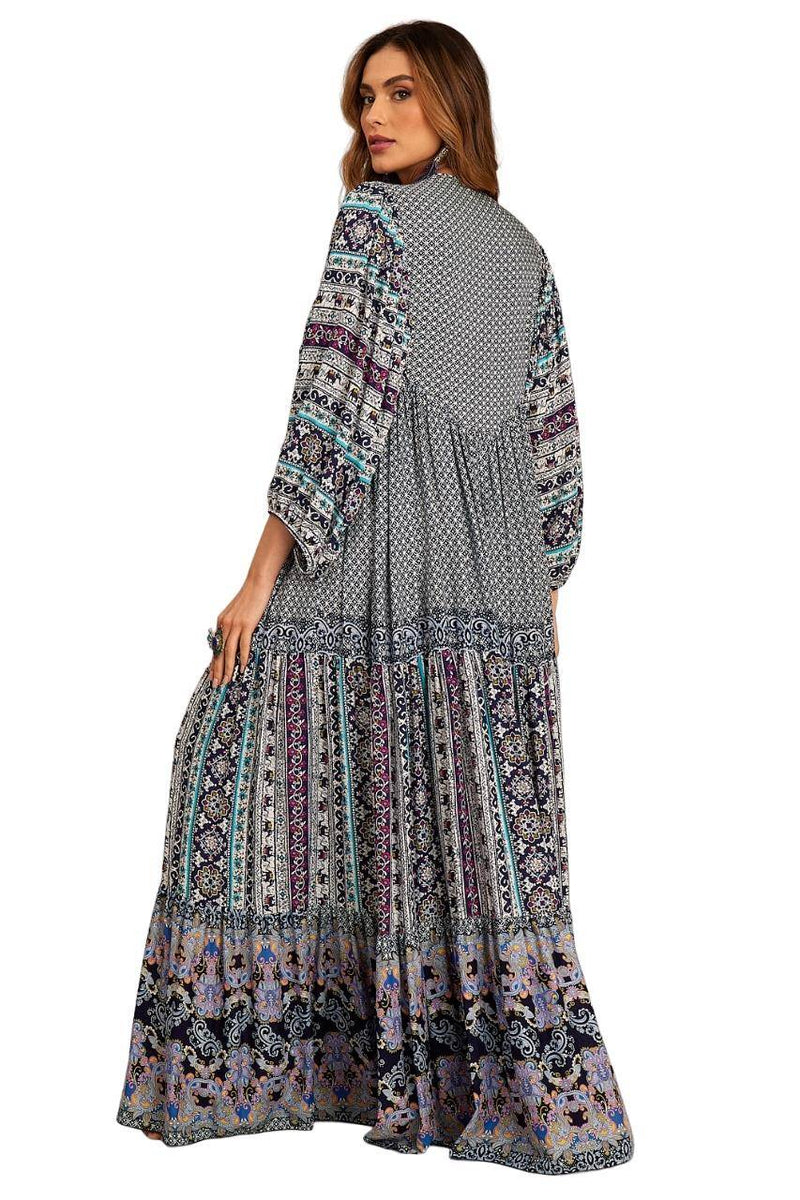 Vestido Chemise Longo Com Mangas Longas Bufantes Azul Patchwork Yacamim