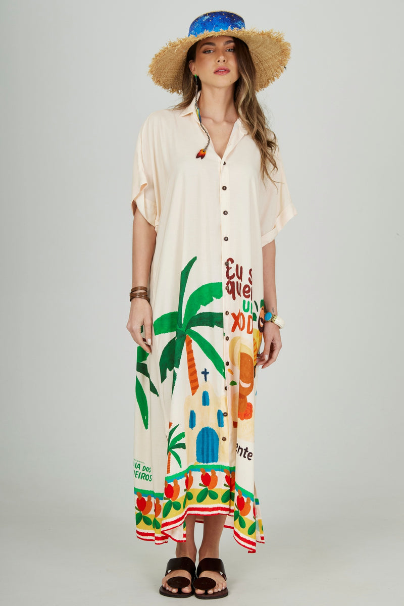 Chemise Midi Bege Estampado Coleção Bahêa Yacamim R4