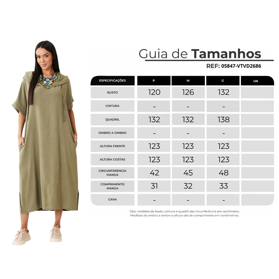 Vestido Midi De Viscolinho Com Capuz Verde Militar Yacamim E1