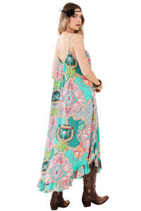 Vestido Longo De Alças Reguláveis Verde Estampado Yacamim C2