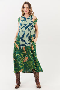 Vestido Midi Com Capuz Verde Estampado Yacamim E1<br />