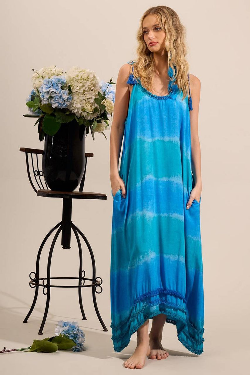 Vestido Midi Alças De Amarrar Com Pompons Azul Tie Dye Digital Yacamim D7