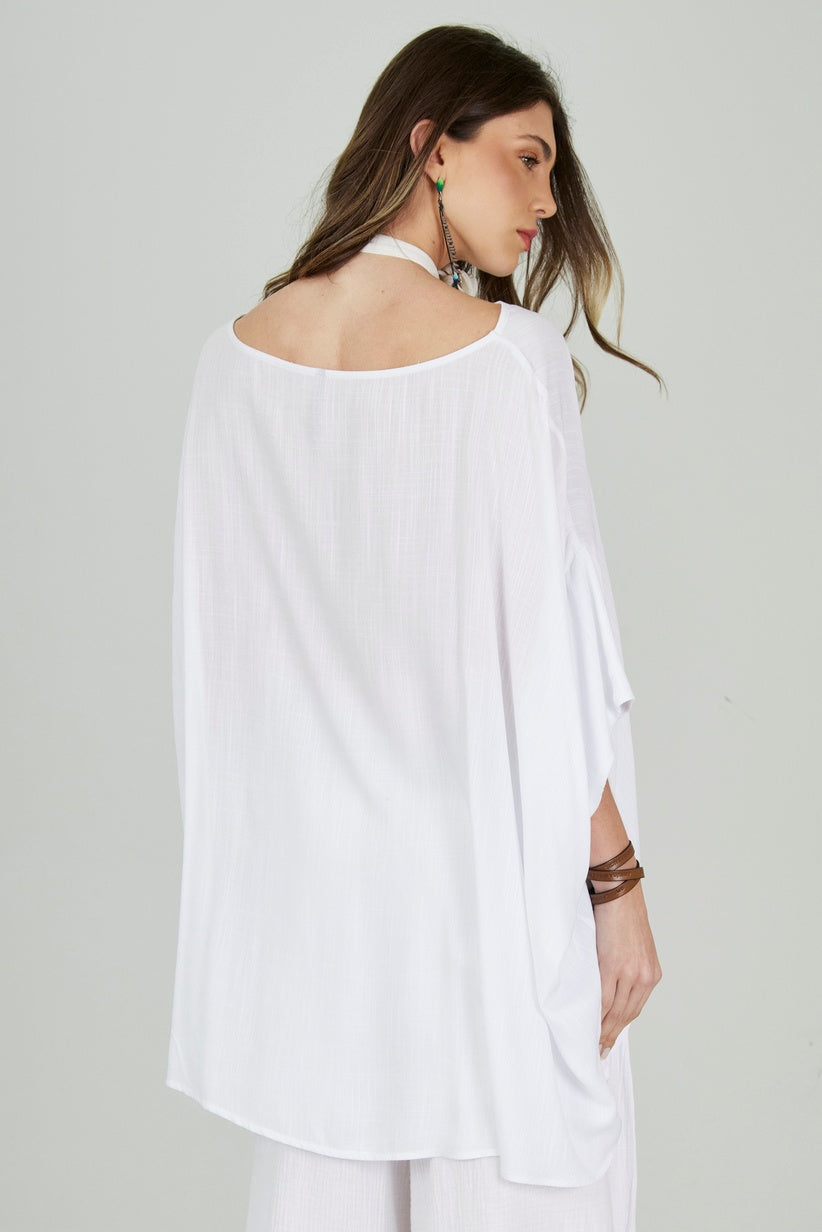 Bata Ampla Com Mangas 3/8 E Decote Canoa Branco Yacamim Q1