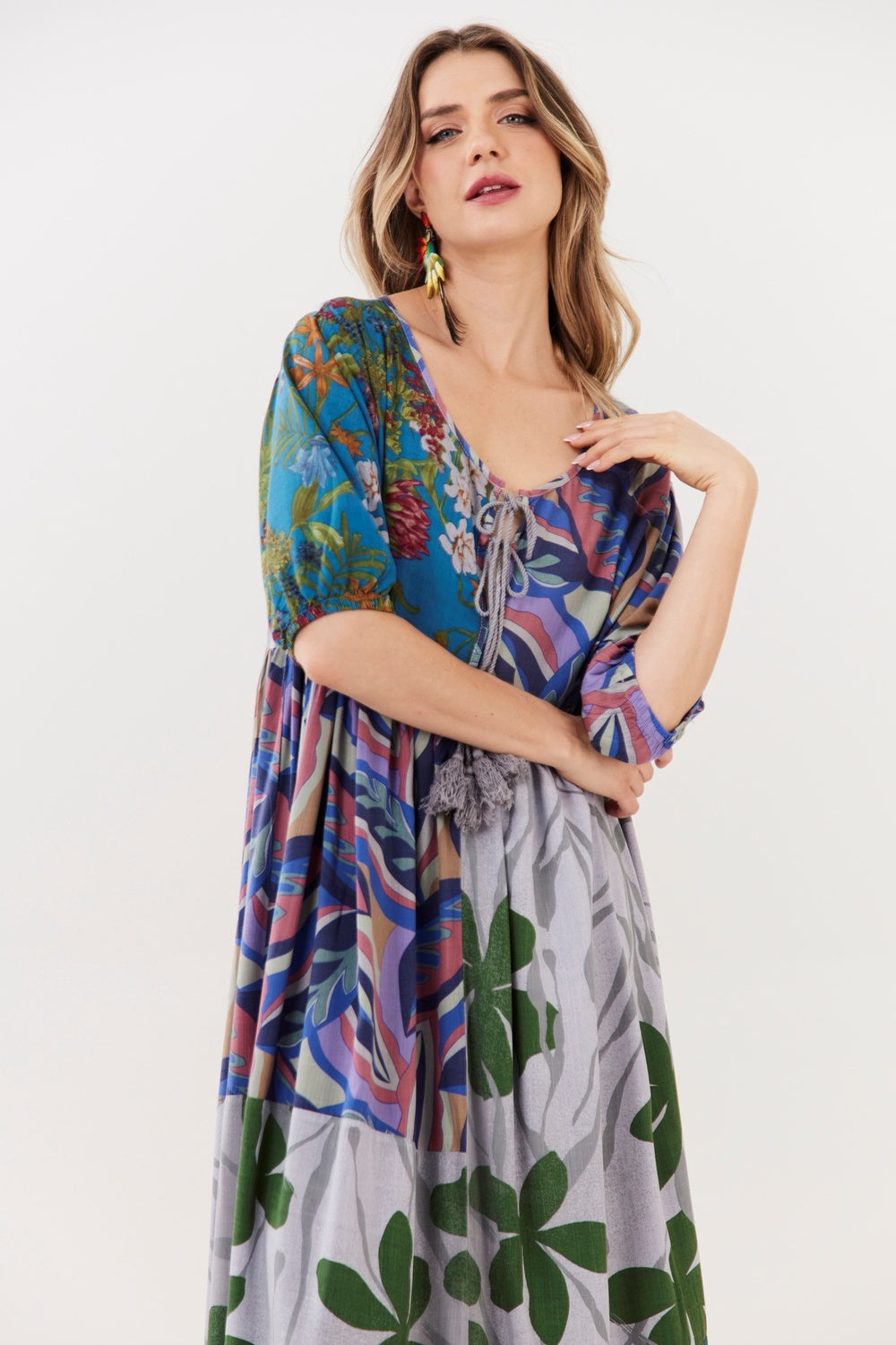 Vestido Midi Cinza Claro E Azul Patchwork Yacamim C4