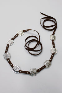 Cinto De Courino De Amarrar Marrom Tira Fina E Metais Yacamim #676