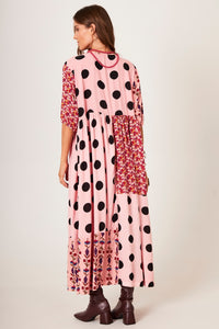 Vestido Midi Estampa De Poá Patchwork Rosa Claro Yacamim E26