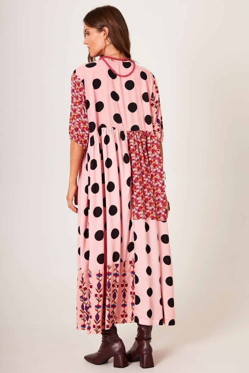 Vestido Midi Estampa De Poá Patchwork Rosa Claro Yacamim E26