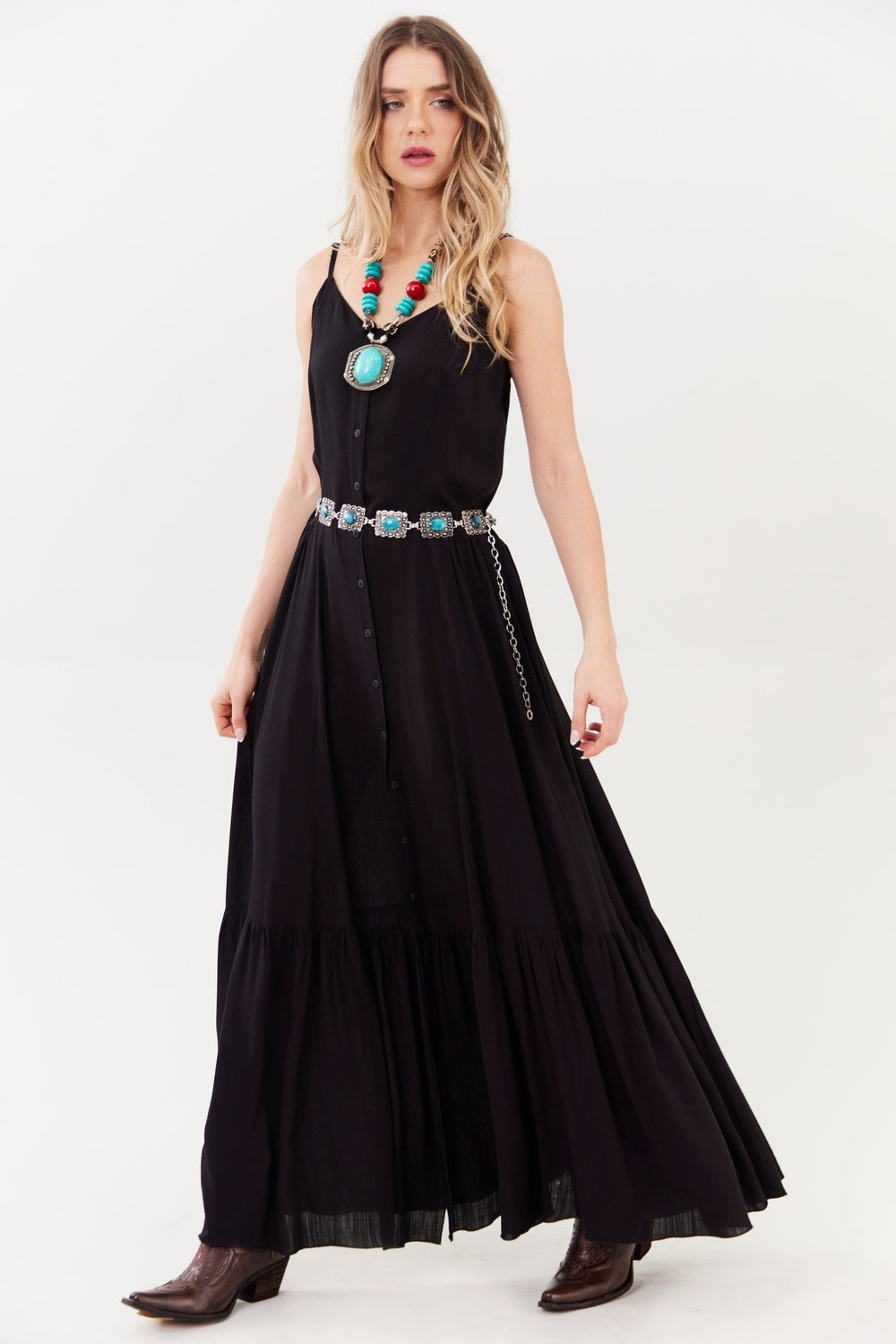 Vestido Longo De Alças Reguláveis Preto Yacamim C2