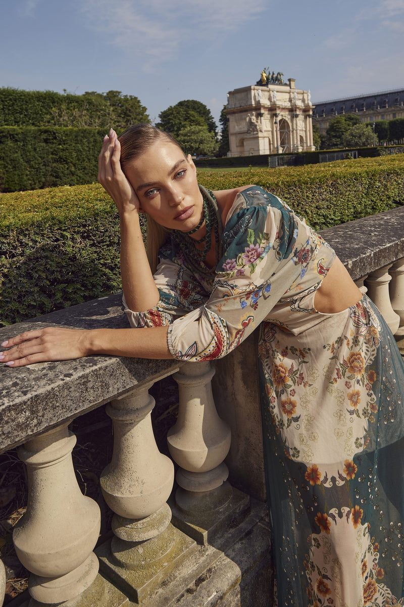 Vestido Longo De Tule Verde E Bege Estampa Paisley Yacamim E23 Paris