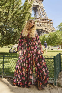 Vestido De Tule Longo Preto Estampa Floral Yacamim D15