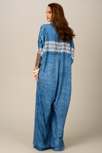 Macacão Longo Pantalona Azul Estampado Yacamim O1