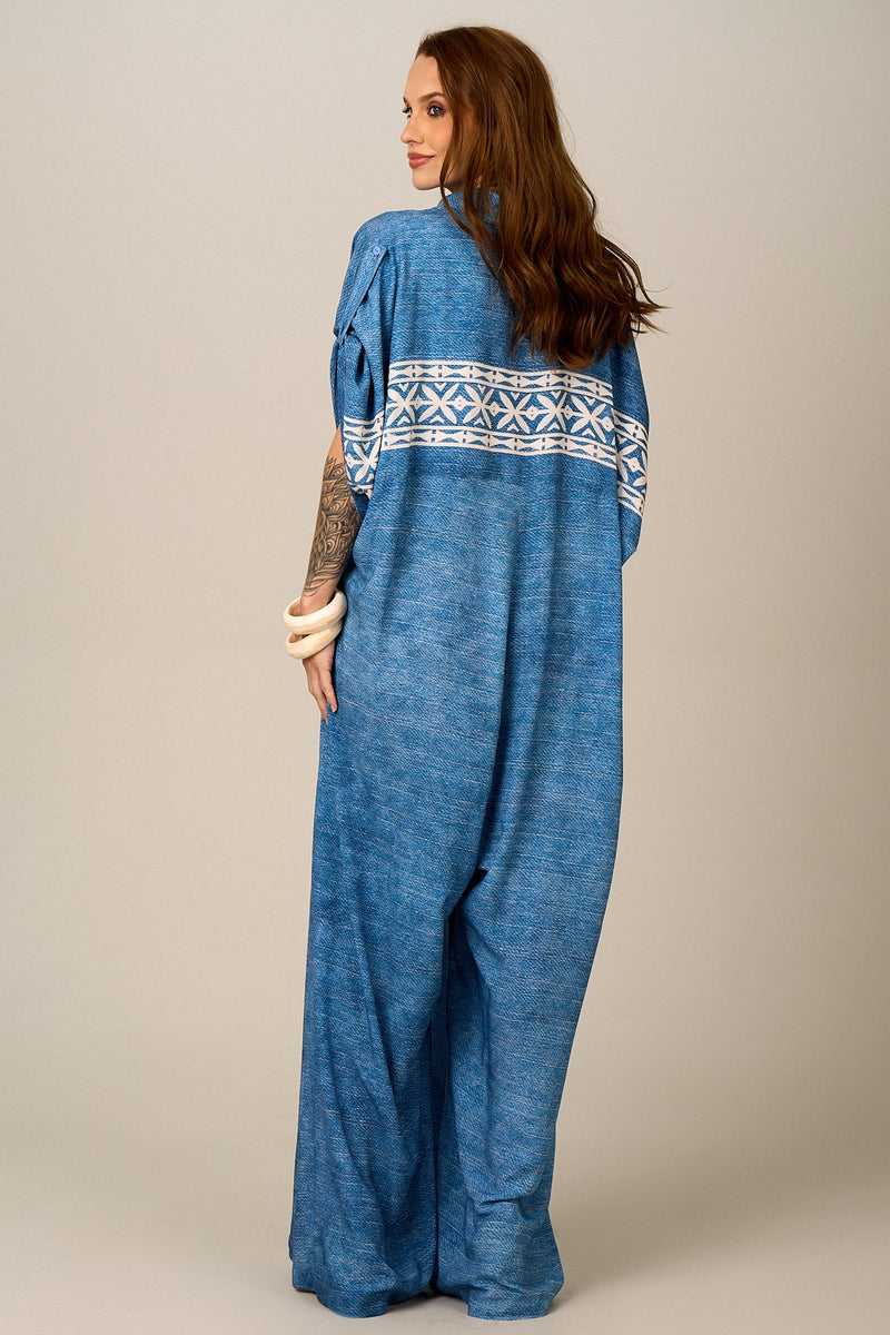 Macacão Longo Pantalona Azul Estampado Yacamim O1