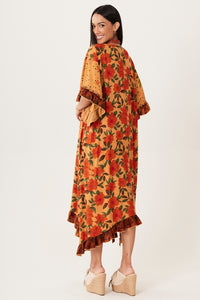 Kaftan Midi Com Mangas 3/4 Marrom Claro Patchwork Yacamim I9