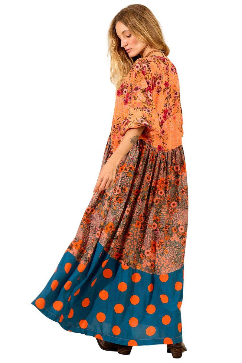 Vestido Longo Com Mangas Bufantes Laranja Patchwork Yacamim