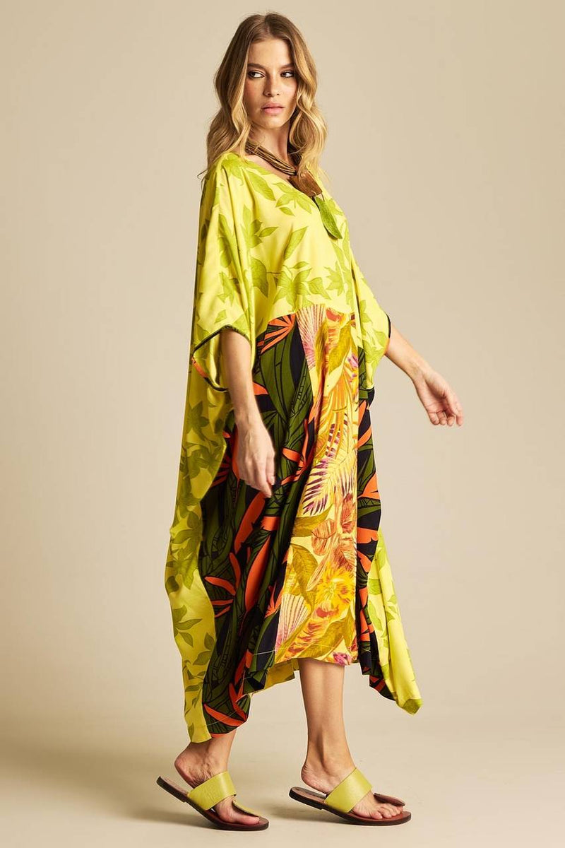 Kaftan Amplo Com Decote Em V Verde Patchwork Yacamim K4