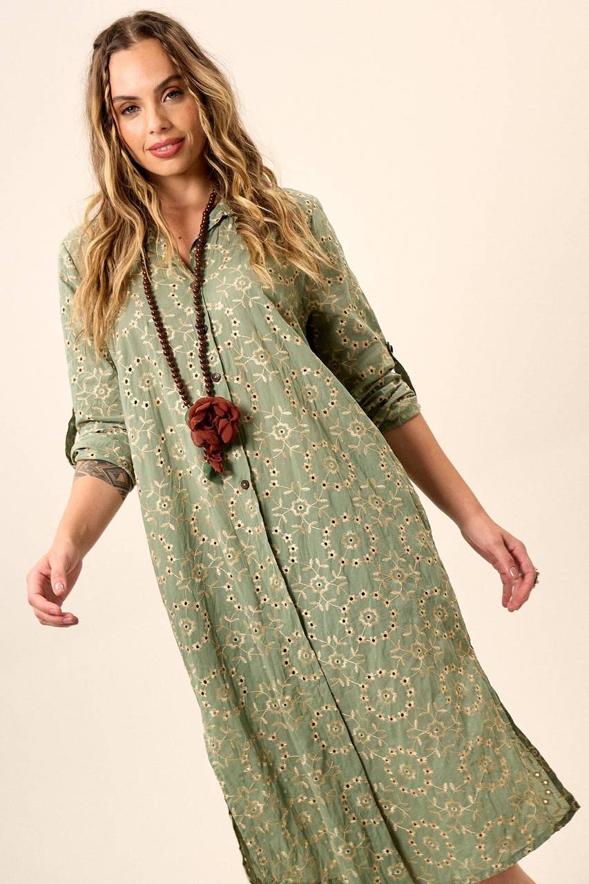 Chemise Midi Broderie Com Mangas Longas Verde Yacamim