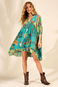 Vestido Curto Amplo Com Decote Em V Verde Patchwork Yacamim