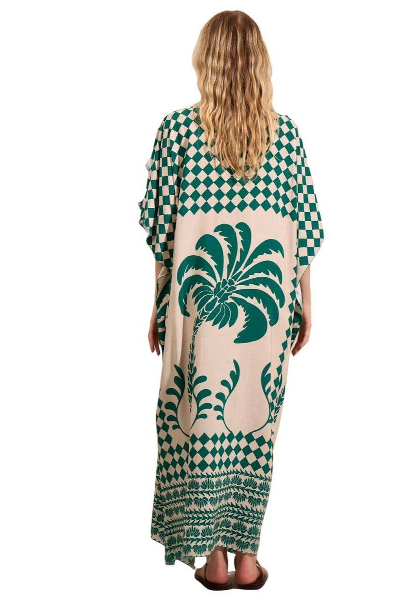 Kaftan Amplo Longo Decote Canoa Verde Estampado Yacamim J2