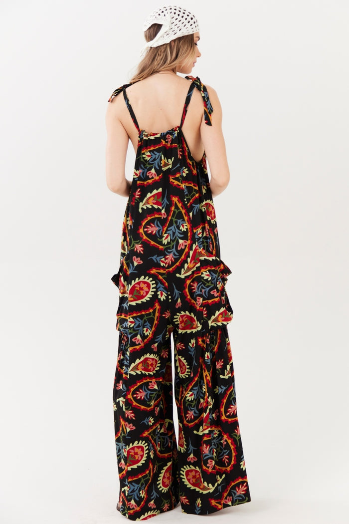 Macacão Longo Preto Estampa Cashmere Yacamim O1