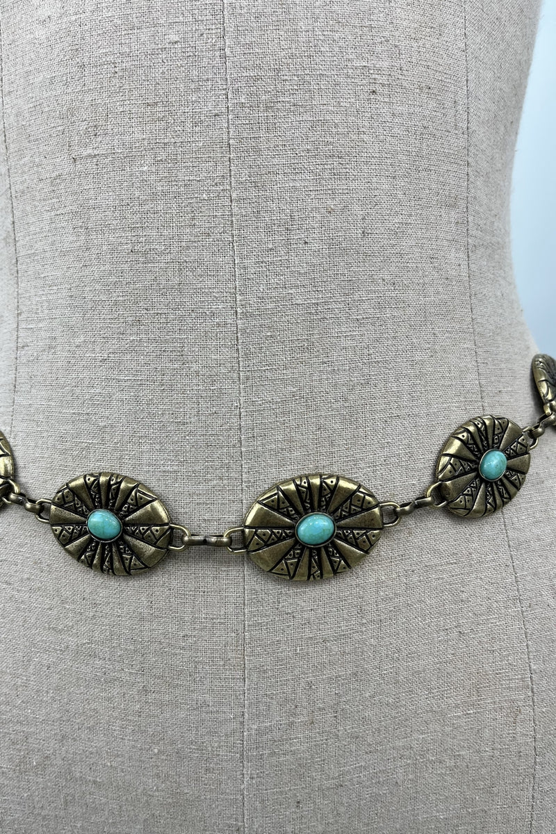 Cinto De Correntes Em Ouro Velho Com Pedras Verdes Yacamim #214