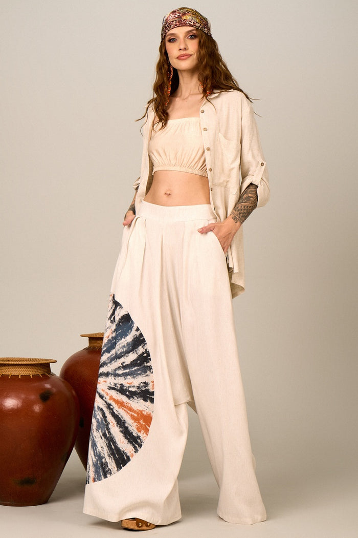 Calça Saruel De Viscolinho Bege Estampa Mandala Yacamim H5