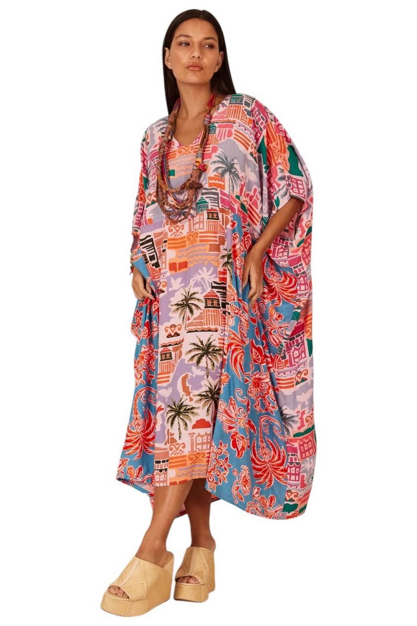 Kaftan Longo Com Recortes Rosa Patchwork Yacamim J5