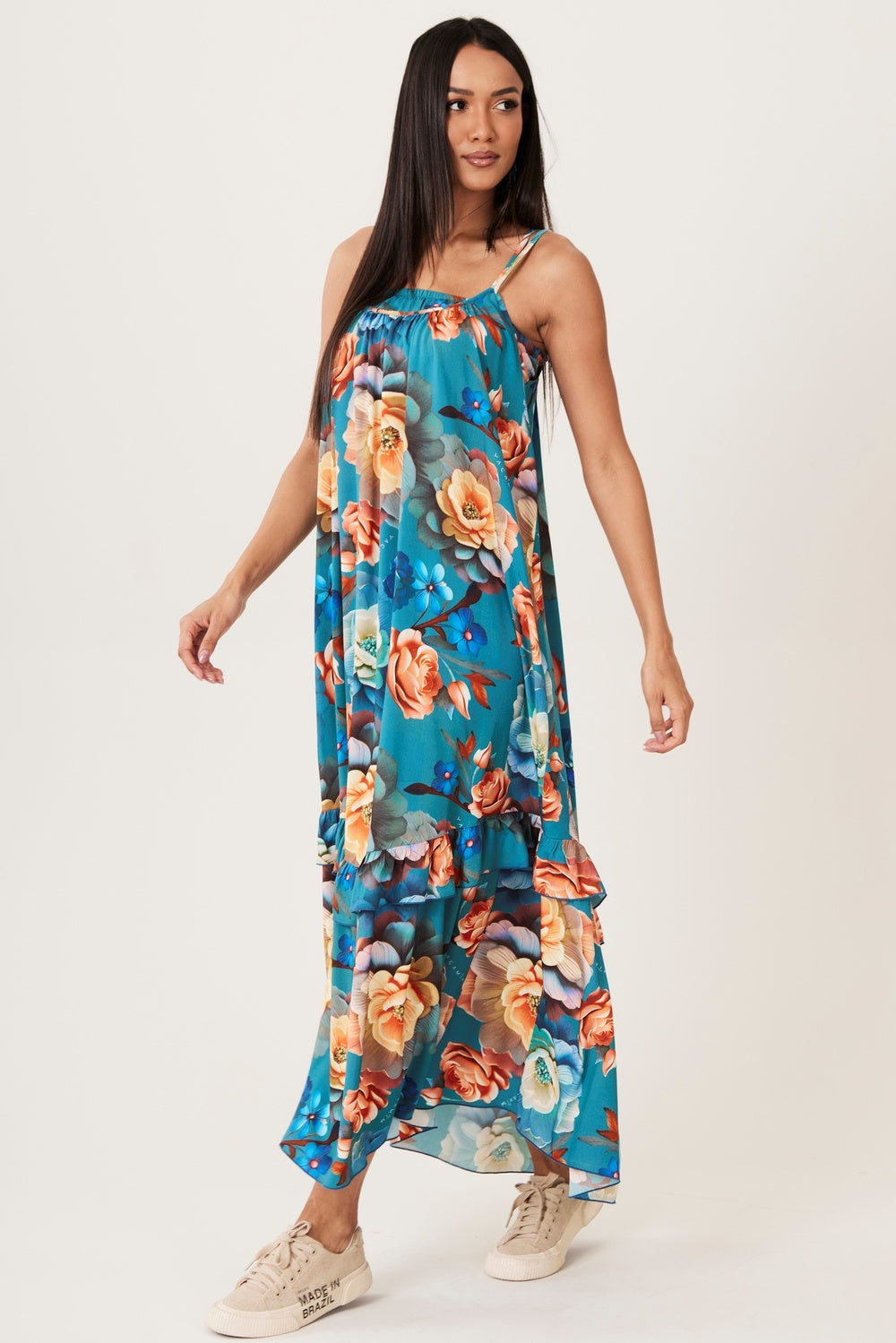 Vestido Longo Alças Com Top Turquesa Estampado Yacamim D29