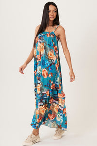 Vestido Longo Alças Com Top Turquesa Estampado Yacamim D29