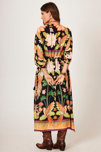Kaftan Midi Preto E Laranja Estampa Tropical Yacamim J5