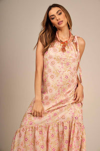 Vestido Longo Broderie Bege Com Bordados Rosa Yacamim C20