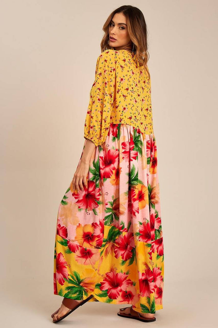 Vestido Midi Composê Amarelo Floral Patchwork Yacamim