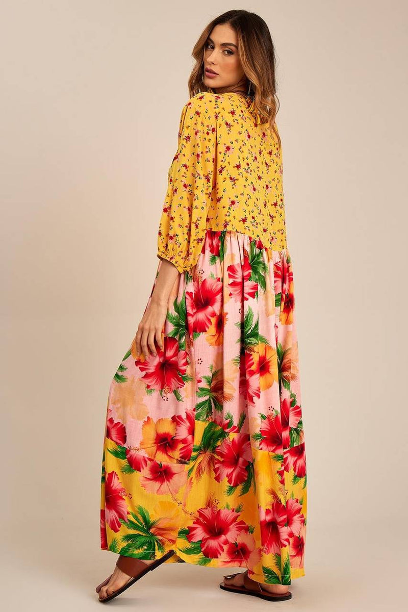 Vestido Midi Composê Amarelo Floral Patchwork Yacamim