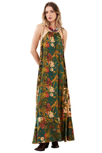 Vestido Longo Verde Escuro Estampado Patchwork Yacamim E8